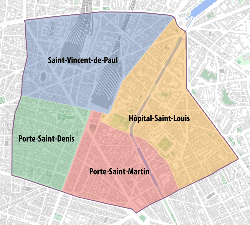 Carte des quartiers du 10e arrondissement de Paris (Saint-Vincent-de-Paul, Porte Saint-Denis, Porte Saint-Martin, Hôpital Saint-Louis)