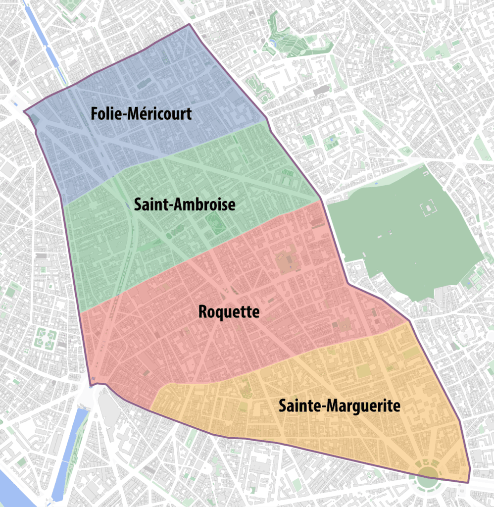 Carte des quartiers du 11e arrondissement de Paris (Folie-Méricourt, Saint-Ambroise, Roquette, Sainte-Marguerite)