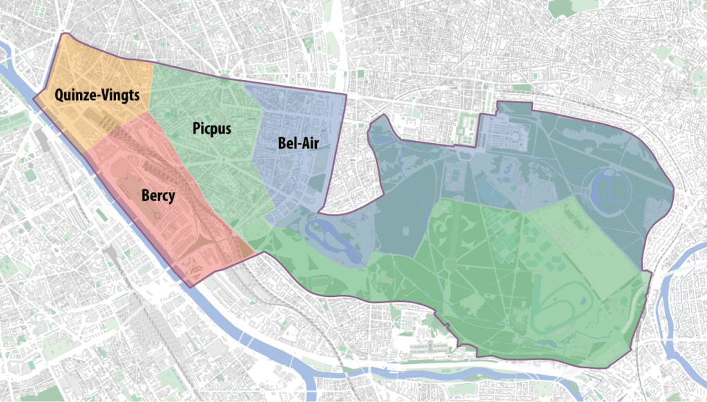 Carte des quartiers du 12e arrondissement de Paris (Bel-Air, Picpus, Bercy, Quinze-Vingts)