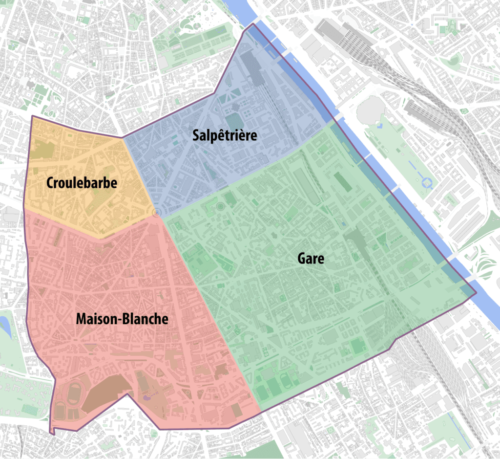 Carte des quartiers du 13e arrondissement de Paris (Salpêtrière, Gare, Maison-Blanche, Croulebarbe)