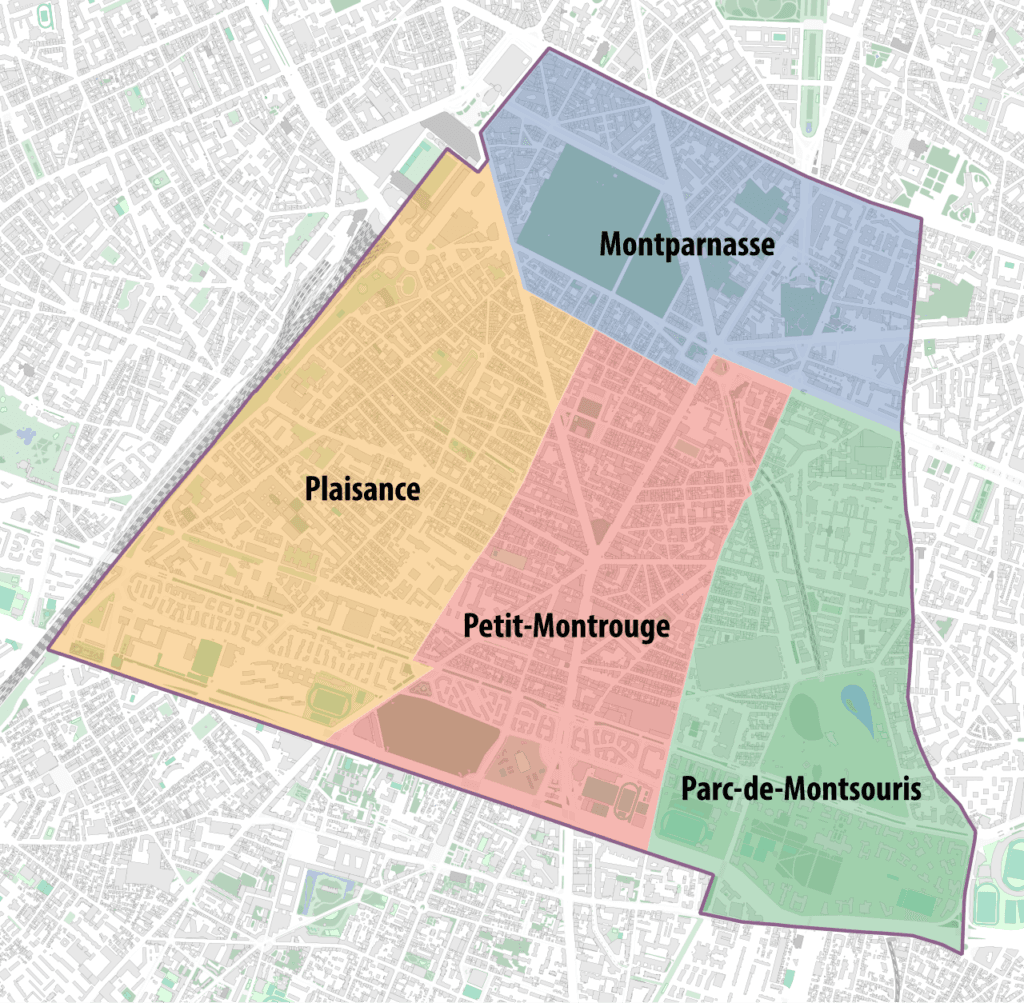 Carte des quartiers du 14e arrondissement de Paris (Montparnasse, Parc-de-Montsouris, Petit-Montrouge, Plaisance)