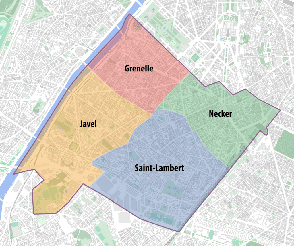 Carte des quartiers du 15e arrondissement de Paris (Saint-Lambert, Necker, Grenelle, Javel)