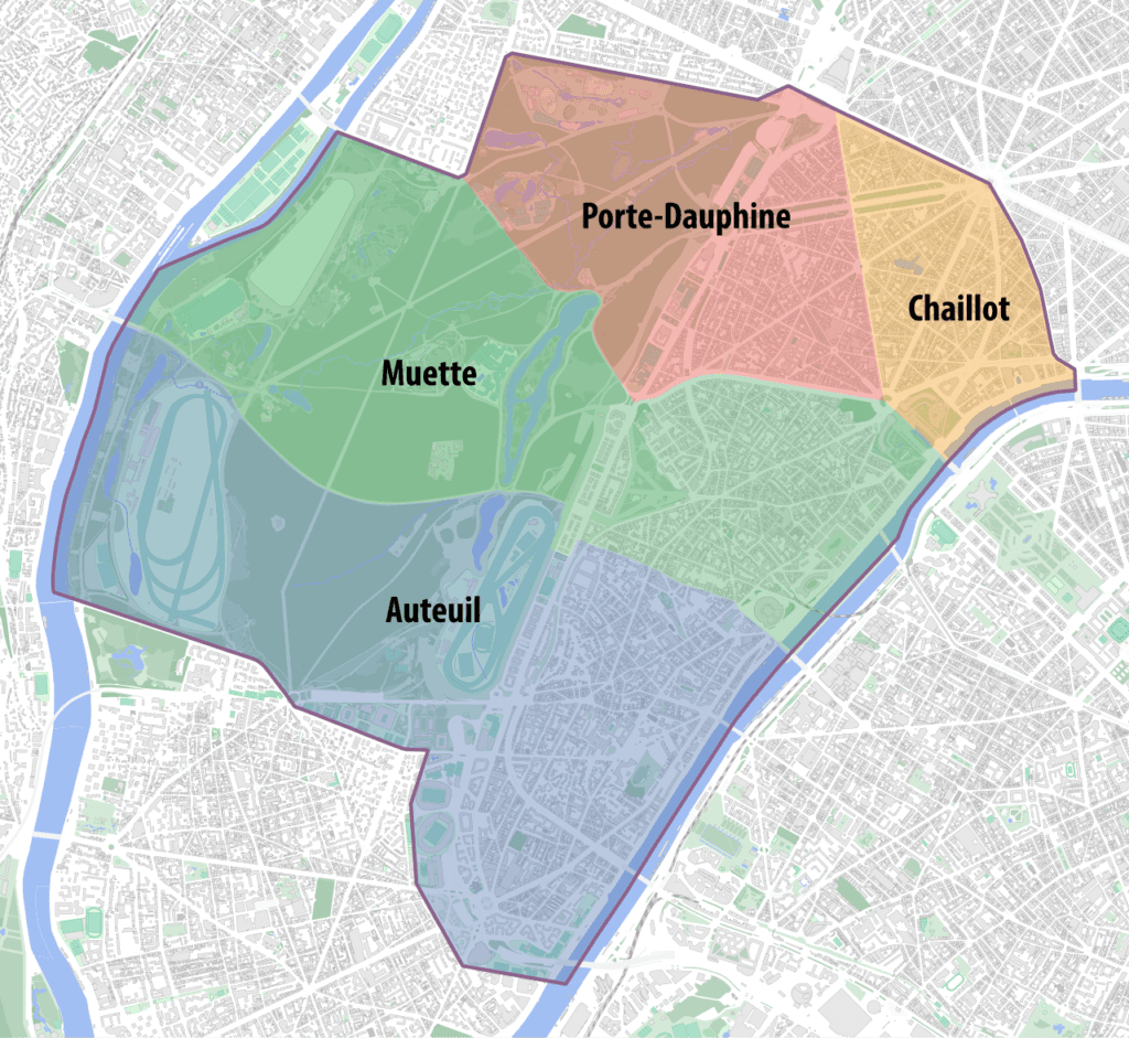 Carte des quartiers du 16e arrondissement de Paris (Auteuil, Muette, Porte-Dauphine, Chaillot)
