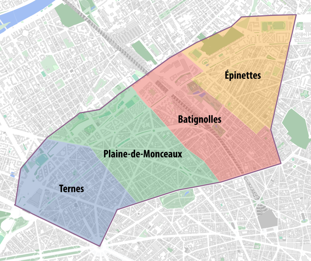 Carte des quartiers du 17e arrondissement de Paris (Ternes, Plaine-de-Monceaux, Batignolles, Épinettes)