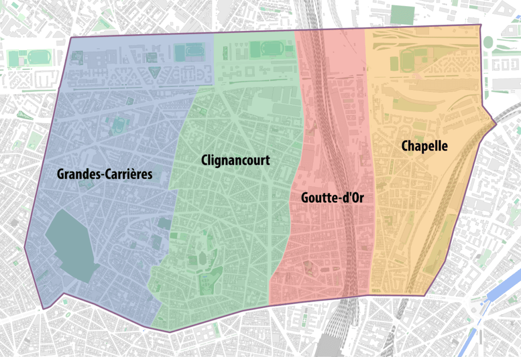 Carte des quartiers du 18e arrondissement de Paris (Grandes-Carrières, Clignancourt, Goutte-d'Or, Chapelle)