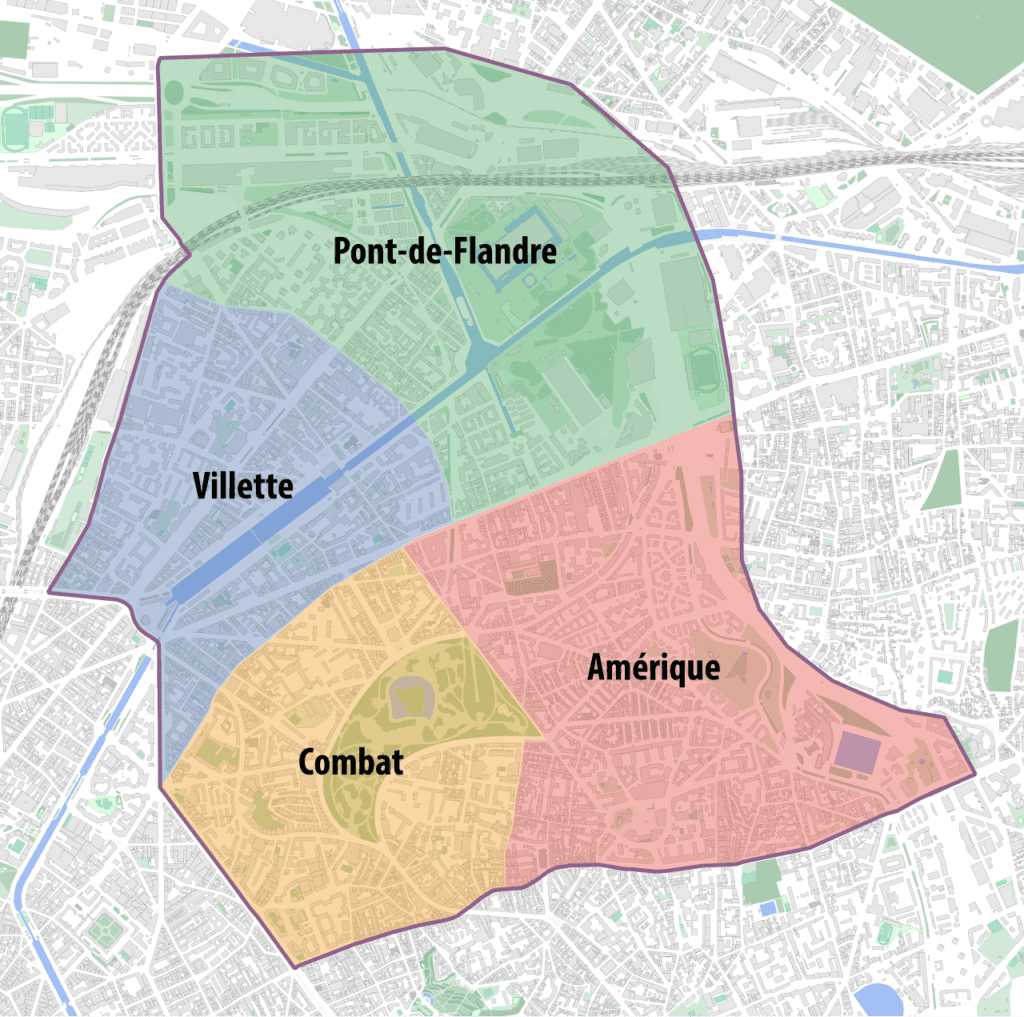 Carte des quartiers du 19e arrondissement de Paris (Villette, Pont-de-Flandre, Amérique, Combat)