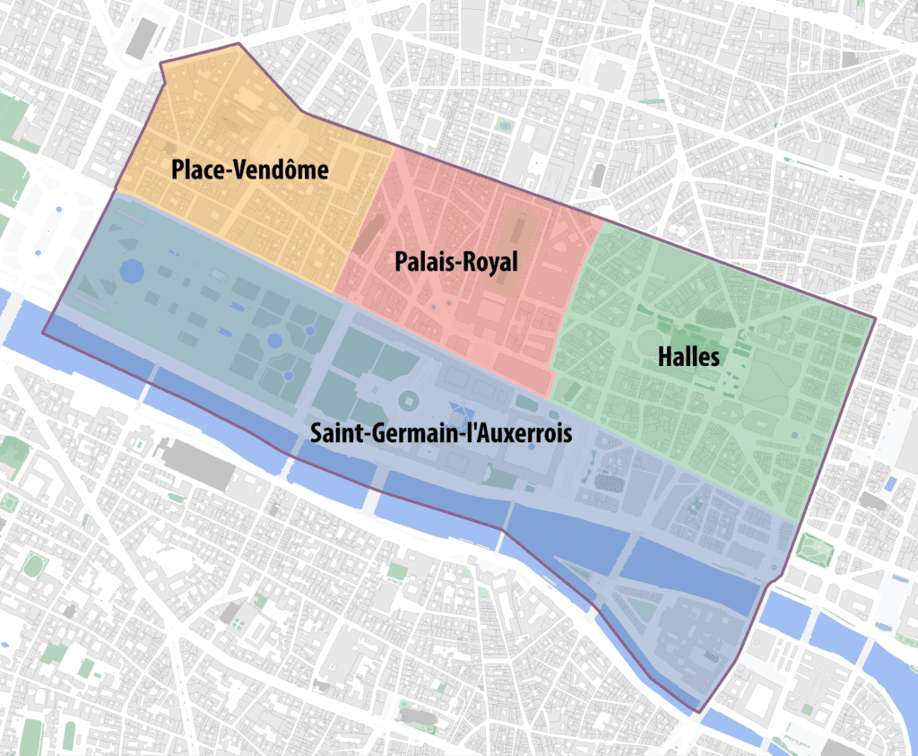 Carte des quartiers du 1er arrondissement de Paris (Saint-Germain-l'Auxerrois, Halles, Palais-Royal, Place-Vendôme)