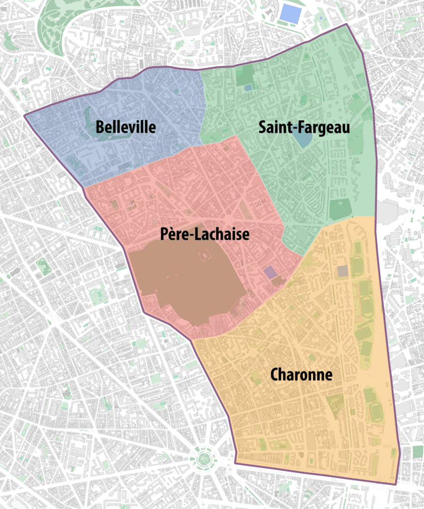 Carte des quartiers du 20e arrondissement de Paris (Belleville, Saint-Fargeau, Père-Lachaise, Charonne)