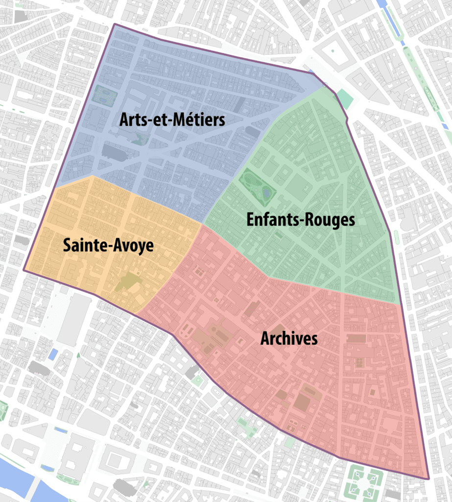 Carte des quartiers du 3e arrondissement de Paris (Arts-et-Métiers, Enfants-Rouges, Archives, Sainte-Avoye)