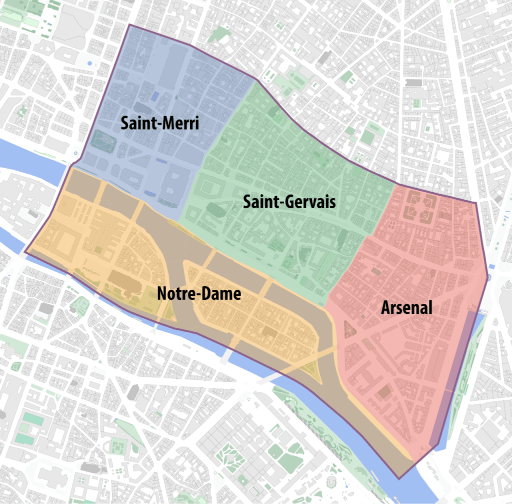 Carte des quartiers du 4e arrondissement de Paris (Saint-Merri, Saint-Gervais, Notre-Dame, Arsenal)