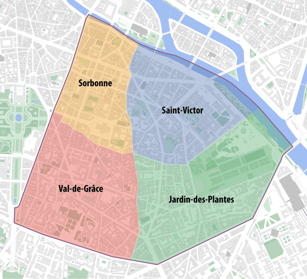 Carte des quartiers du 5e arrondissement de Paris (Saint-Victor, Jardin-des-Plantes, Val-de-Grâce, Sorbonne)