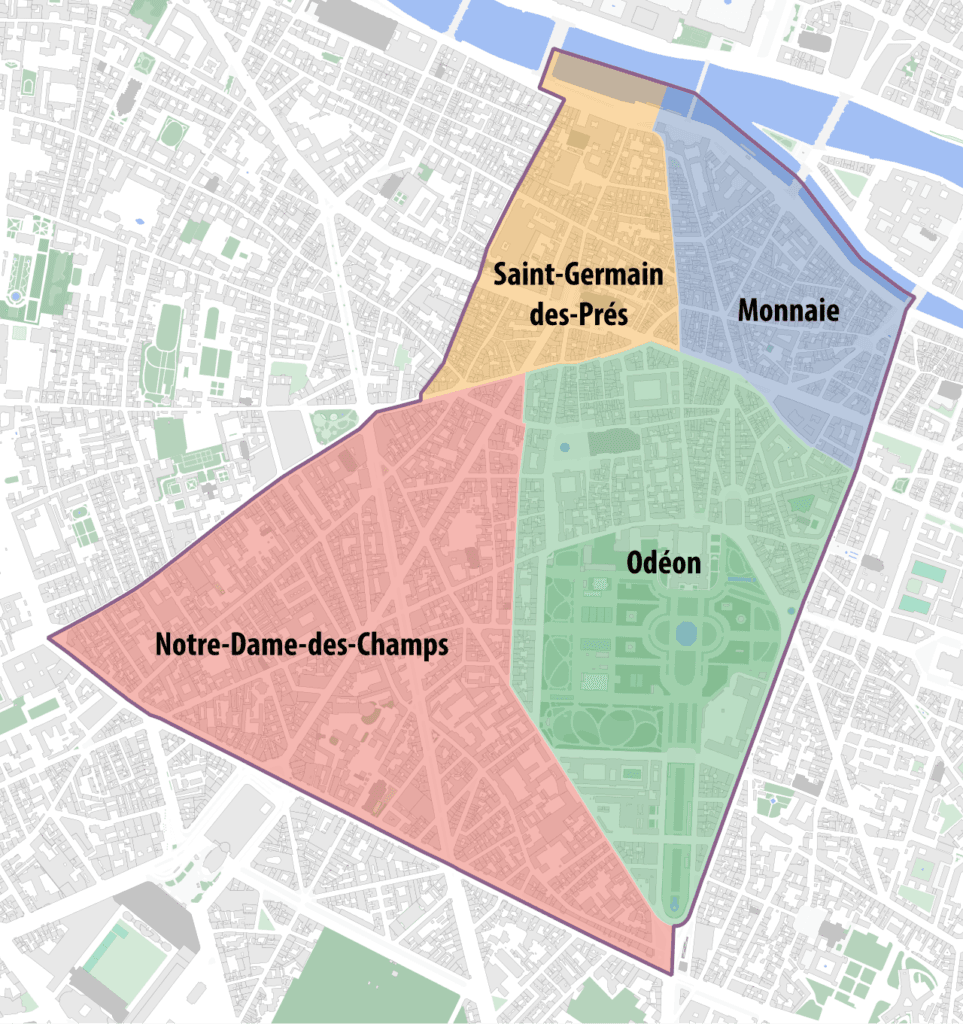 Carte des quartiers du 6e arrondissement de Paris (Monnaie, Odéon, Notre-Dame-des-Champs, Saint-Germain-des-Prés)