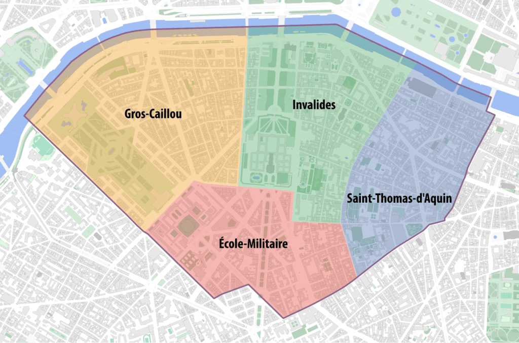 Carte des quartiers du 7e arrondissement de Paris (Saint-Thomas-d'Aquin, Invalides, École-Militaire, Gros-Caillou)