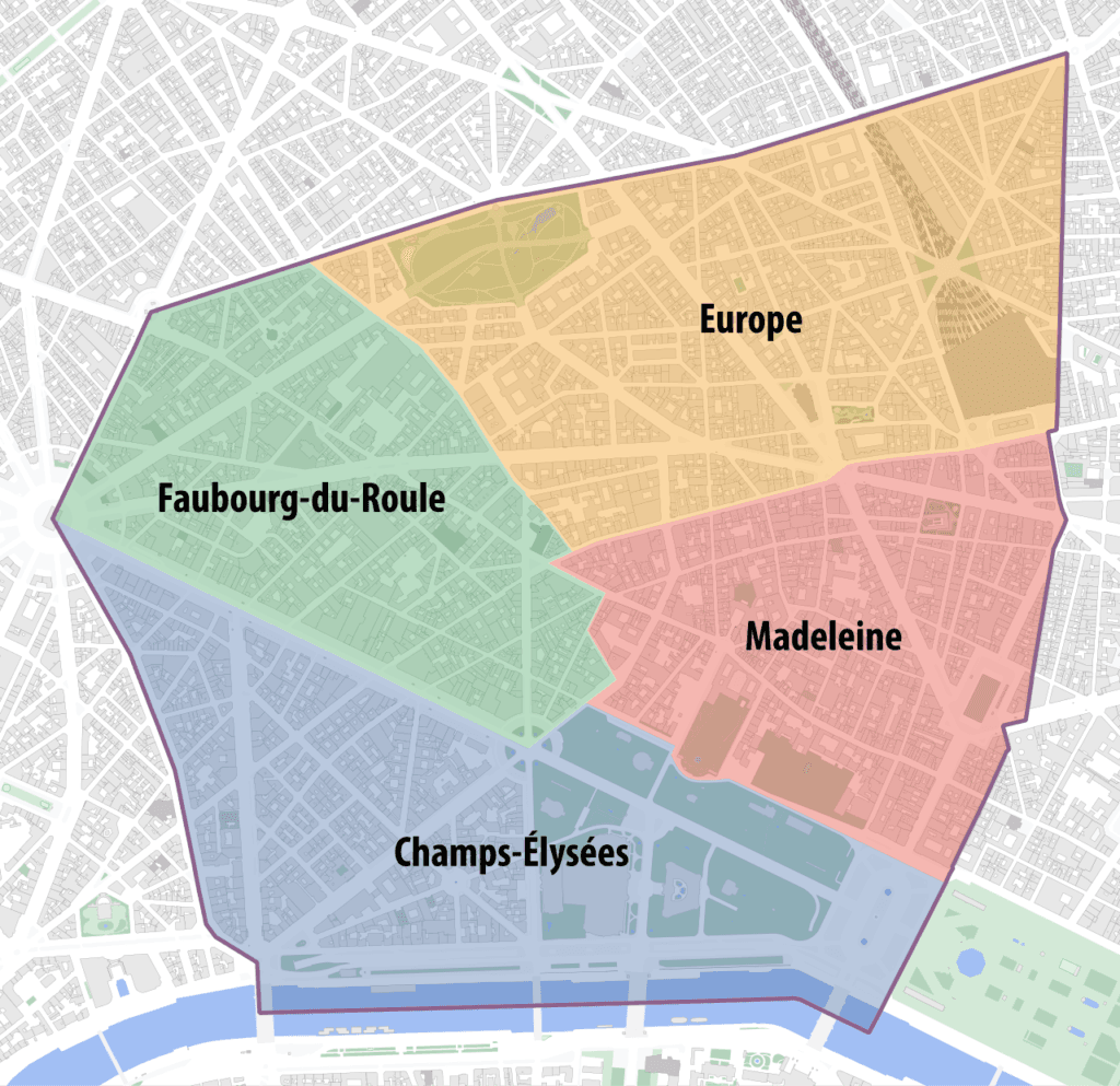 Carte des quartiers du 8e arrondissement de Paris (Champs-Élysées, Faubourg-du-Roule, Madeleine, Europe)