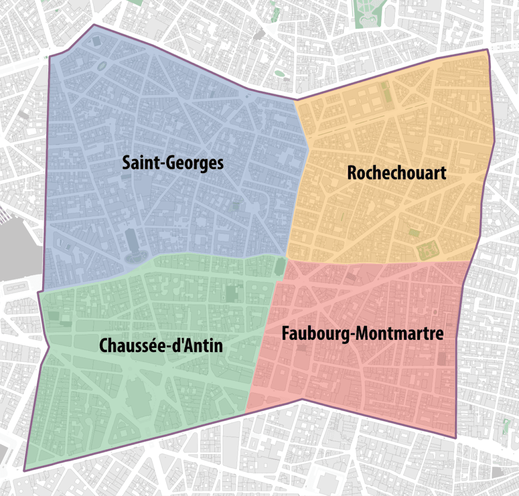 Carte des quartiers du 9e arrondissement de Paris (Saint-Georges, Chaussée-d'Antin, Faubourg-Montmartre, Rochechouart)